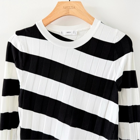 Mango Black White Striped Ribbed Maxi Dress Long Sleeve Bodycon - Picture 3 of 13